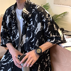 美式暗黑高街夏季冰丝扎染短袖衬衫男2024新款夏装衬衣港风潮流，男装衬衫，电商C306-1