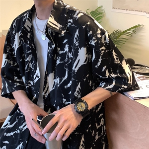 美式暗黑高街夏季冰丝扎染短袖衬衫男2024新款夏装衬衣港风潮流图片
