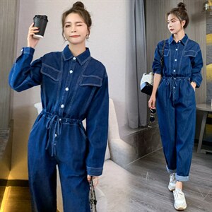2022春季新款潮流时尚亮线抽绳牛仔连体裤图片