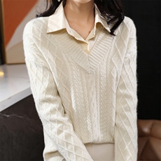 七针扭花加厚V领毛衣针织打底衫100羊毛衫24春秋冬套头上衣，女装羊毛衫，盛鼎羊绒