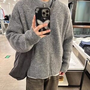 【有货】DM330-P75美式灰色针织开衫外套男慵懒风海马毛休闲毛衣图片