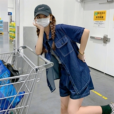 深蓝色休闲牛仔套装女2024夏新款宽松短袖衬衫高腰阔腿短裤两件套，女装套装/套裙，菡迪欧娜