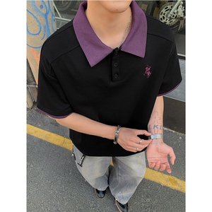260克曼巴棉夏季拼接撞色假两件休闲POLO衫短袖男士美式潮T恤 P38图片