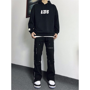 纯黑色拉链设计感牛仔裤秋冬款cleanfit显瘦微喇裤子KZA41-P65,连帽长款毛呢大衣搭配超长款图片
