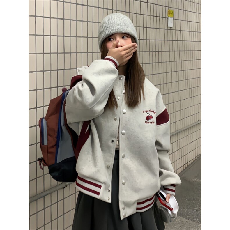 J9855-P60美式复古星空呢子樱桃刺绣+PU皮袖立领棒球服，女装职业装，星座617A-2