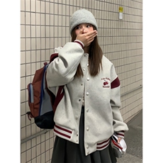 J9855-P60美式复古星空呢子樱桃刺绣+PU皮袖立领棒球服，女装职业装，星座617A-2