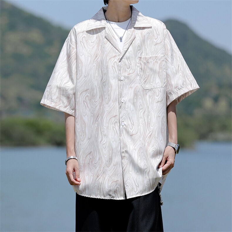 8XL-M冰丝古着感波浪纹短袖衬衫男宽松休闲沙滩古巴领衬衣CS528，男装衬衫，电商D206-1