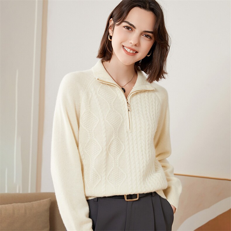 秋冬新款羊绒半拉链复古针织衫优雅显瘦保暖毛衣，女装羊绒衫，恒爱羊绒