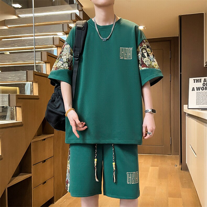 夏季拼接T恤两件套潮流短裤刺绣休闲运动套装男A266-TZ8807-P47图片