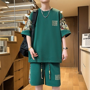 夏季拼接T恤两件套潮流短裤刺绣休闲运动套装男A266-TZ8807-P47图片