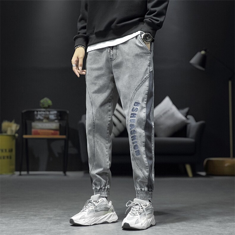 M-9XL 男大码日系2021春秋束脚刺绣拼接弹力牛仔裤5032-1_209P65图片