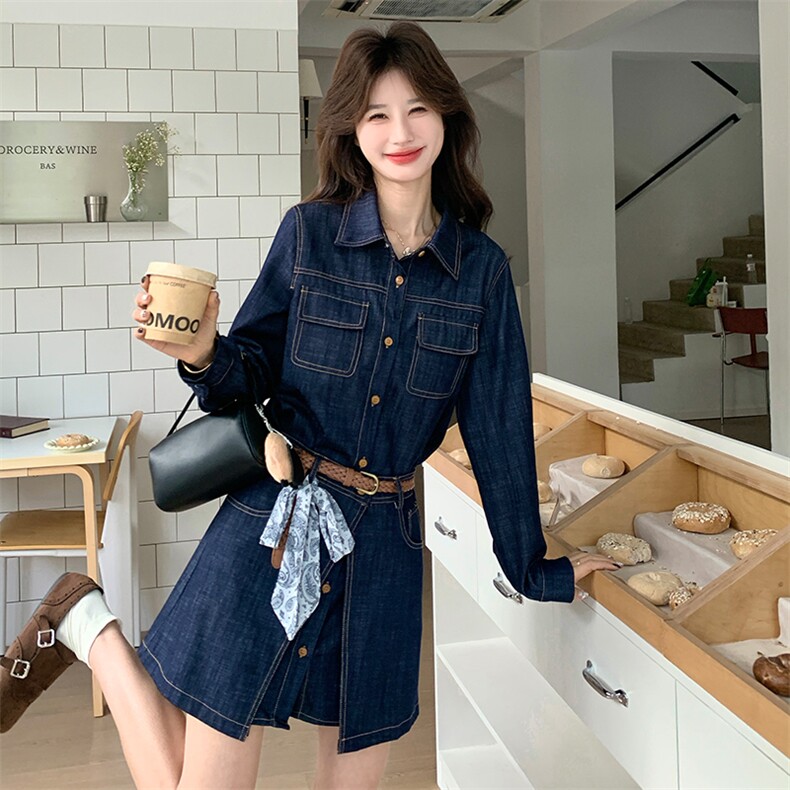 2026新款牛仔衬衫裙+皮带丝巾短裙，女装连衣裙，纯色衣恋