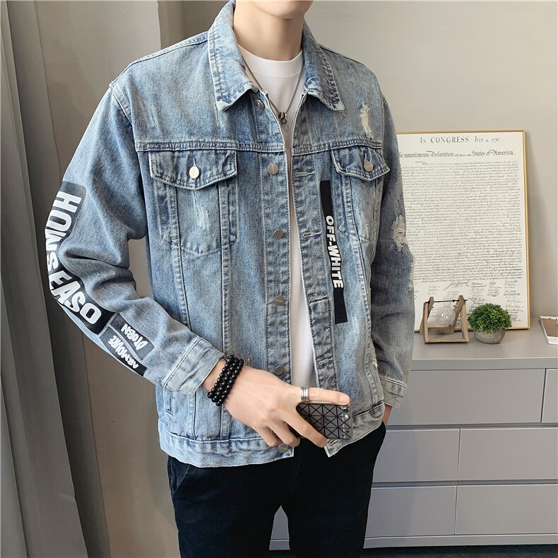 JK302-p95-限价138 现货店主风牛仔夹克肥仔量足破洞印花大码图片