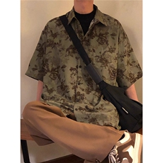 夏季街头复古碎花短袖衬衫女中性港风古着花短袖衬衣上衣外套潮牌，男装T恤，星座506A
