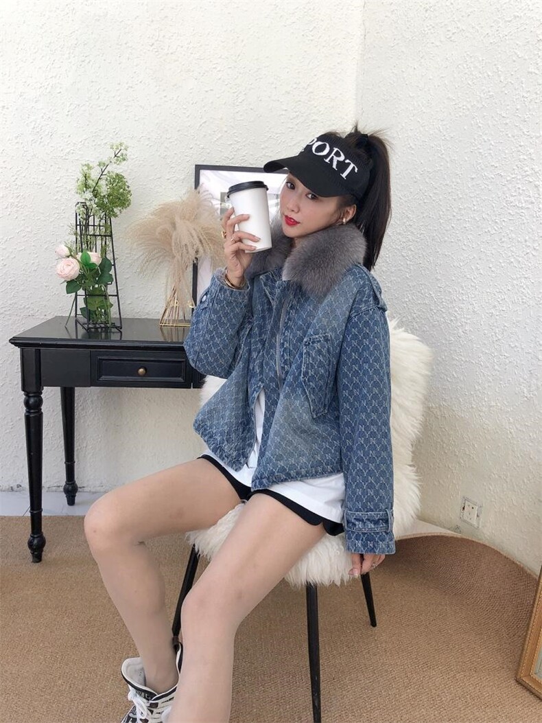 爆版欧货老花牛仔外套爆版狐狸毛，其它，金地雪