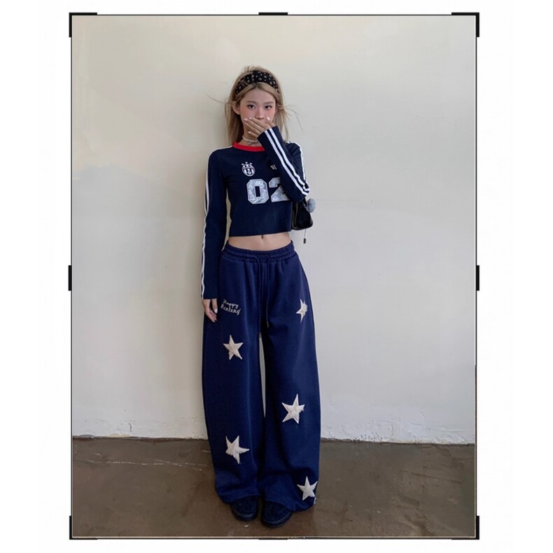 美式复古休闲星星刺绣阔腿裤女灰色抽绳长裤宽松运动裤潮,女装休闲裤,星座506A