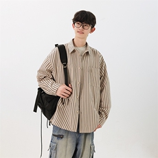 【敖瑞鹏代言】GENIOLAMODE杏色条纹日系长袖衬衫男秋季情侣衬衣，男装衬衫，电商A003