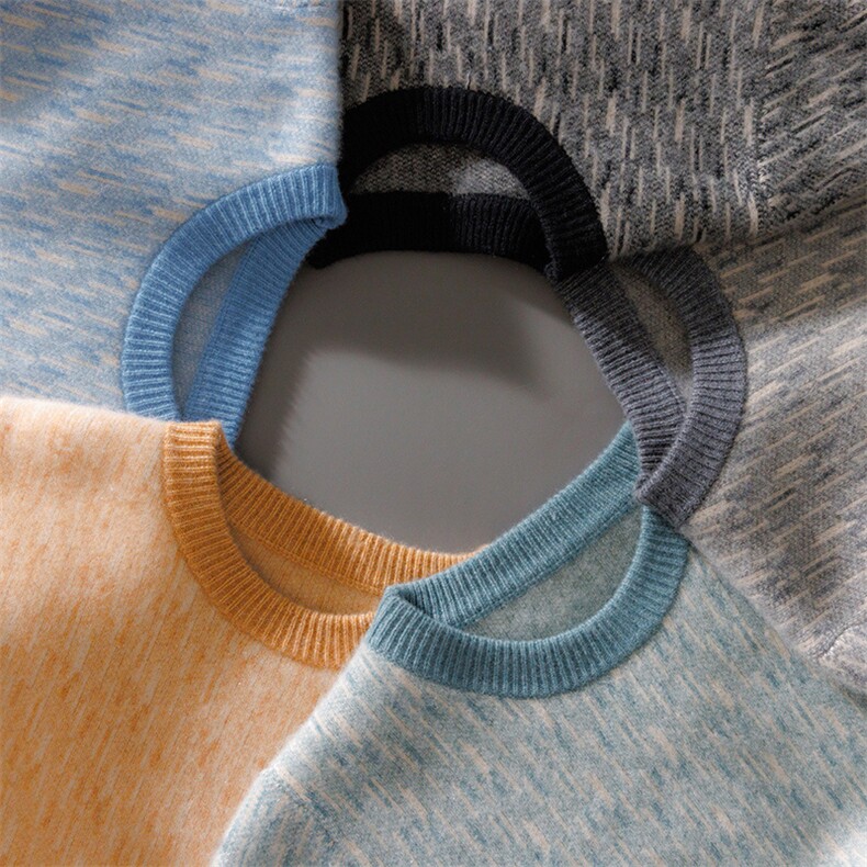 秋冬新款圆领100%纯羊毛衫撞色男士毛衣宽松休闲羊绒针织打底套衫，男装羊毛衫，宇灿羊绒