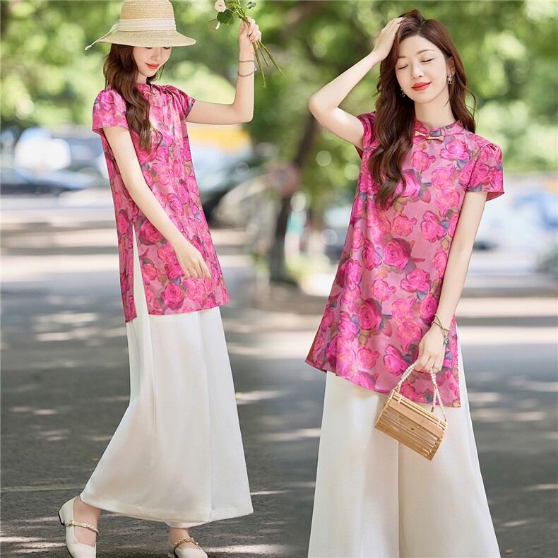 新中式国风套装女2025夏季新款大方得体气质旗袍阔腿裤穿搭一整套，女装套装/套裙，润尚靓点