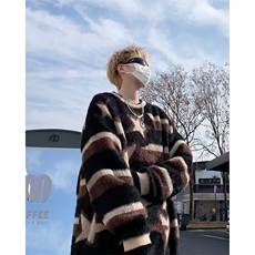 美式复古条纹马海毛绒针织衫男秋冬保暖宽松情侣款毛衣，男装针织衫/毛衣，星座716-3