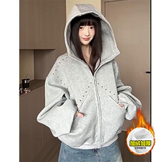 480G重磅加绒硬挺boxy男女秋冬美式高街卫衣铆钉拼接开衫厚外套，女装短外套，电商A486-1