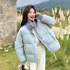超好看蓝色针织拼接立领短款羽绒服女2025冬韩系甜美90白鸭绒外套，女装羽绒服，慧尚依恋