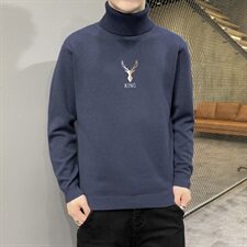 秋冬可翻高领毛衣男鹿头纯色长袖男刺绣毛衫打底针织衫棕M255P33，男装针织衫/毛衣，星座1207