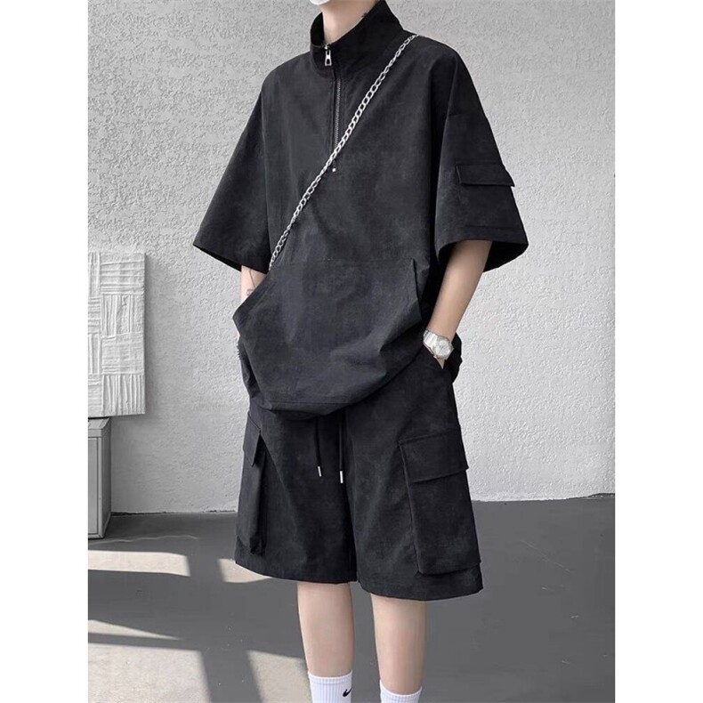 美式工装套装男夏季宽松休闲穿搭一整套短袖2025新款冰丝运动短裤，男装休闲套装，星座506A