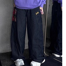格子拼接弯刀牛仔裤男潮牌痞帅美式复古baggy裤子直筒宽松萝卜裤，男装牛仔裤，星座506A