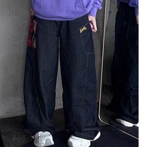 格子拼接弯刀牛仔裤男潮牌痞帅美式复古baggy裤子直筒宽松萝卜裤图片