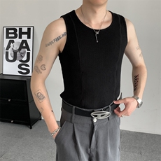 夏装小众竖条纹无袖背心大码背心性感无袖T恤男女肌理感上衣，男装T恤，星座909