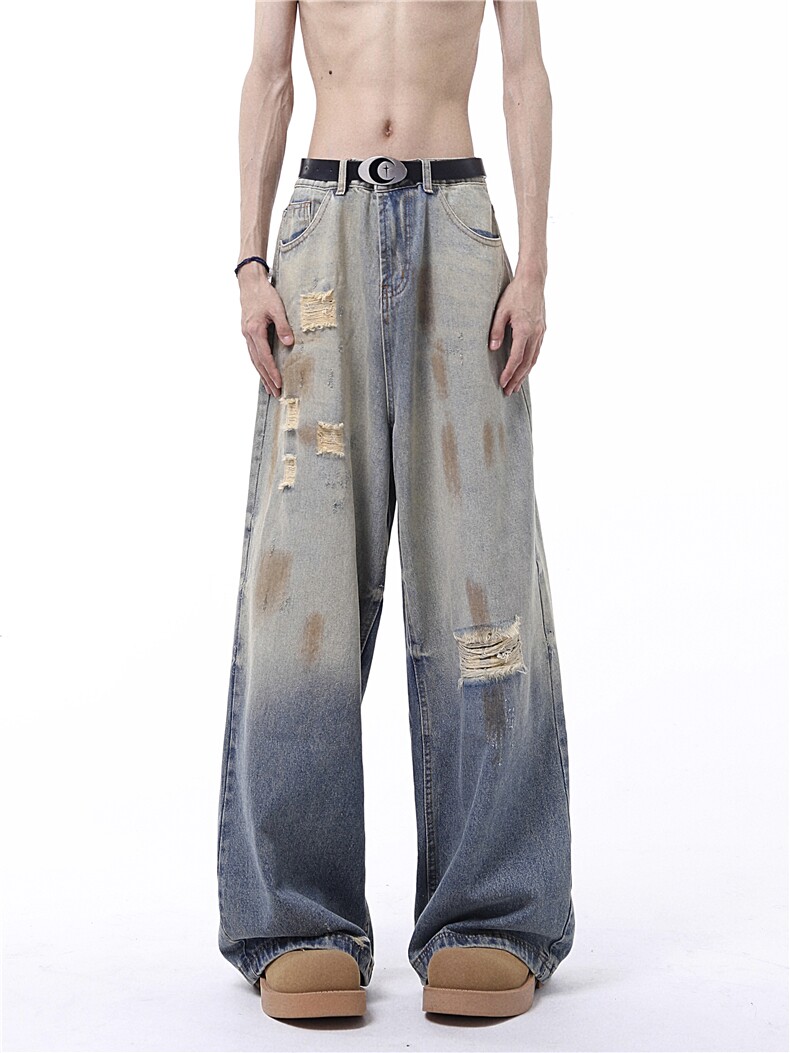 N123-P85现货直播款男女宽松直筒牛仔裤涂鸦美式潮流阔腿裤,男装牛仔裤,电商B327