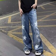 美式复古做旧油漆涂鸦牛仔裤子设计感五角星印花阔腿拖地裤，男装牛仔裤，星座410-6（原星座1304-1）
