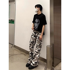 美式复古街头迷彩微喇牛仔裤男秋冬新款修身工装阔腿裤LA4844-P55，男装牛仔裤，星座1008
