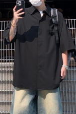 C168/P35夏季薄款冰丝短袖衬衫男简约纯色大码休闲短袖痞帅衬衣，男装T恤，电商基地A050