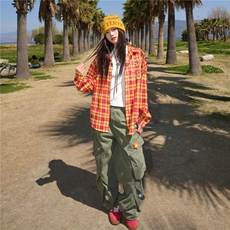 美式复古珍珠字母格子长袖衬衫女春夏新款设计感痞帅休闲情侣外套，男装衬衫，星座1210-1