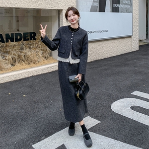 一整套秋冬穿搭高级感小香风毛呢套装女气质名媛女神范长裙两件套图片