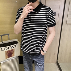 轻熟风复古潮流黑白条纹短袖修身透气休闲上衣夏季男士针织Polo衫，男装T恤，星座506