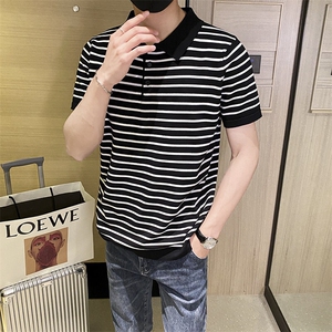 轻熟风复古潮流黑白条纹短袖修身透气休闲上衣夏季男士针织Polo衫图片