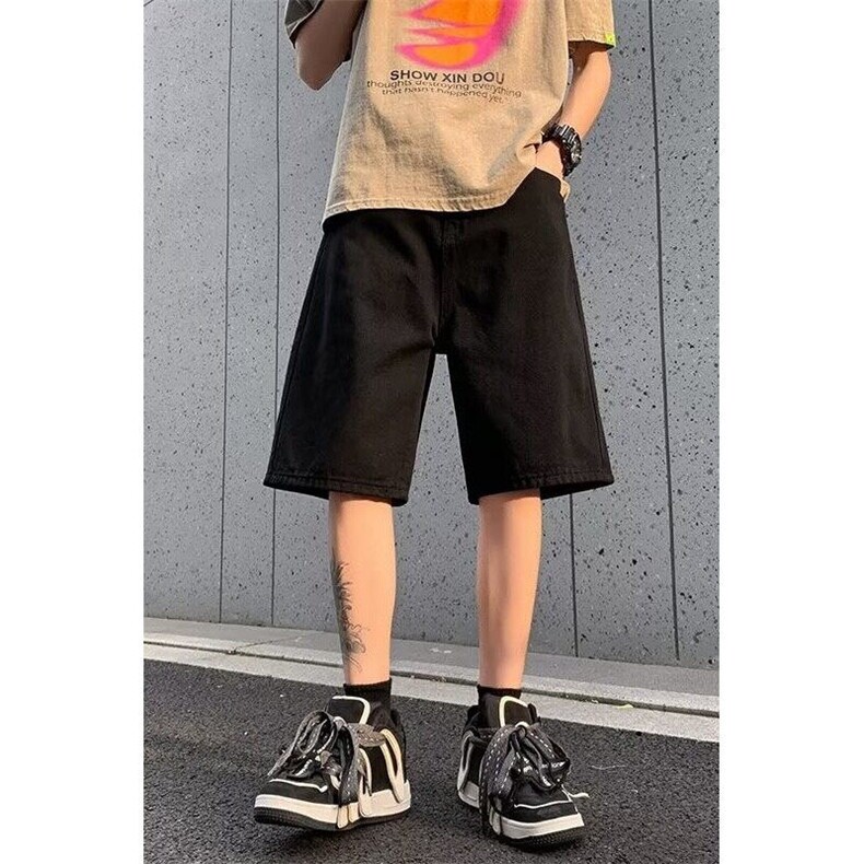 美式复古水洗牛仔短裤男夏季薄款宽松直筒阔腿裤高街潮牌五六分裤,男装牛仔裤,星座601-1