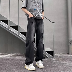 暗黑破洞牛仔裤男春季ins宽松休闲裤直筒拖地乞丐裤子男N2256，男装休闲裤，星座1116A-1（原606A）