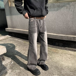 水洗做旧扎染灰色牛仔裤男女微喇宽松休闲直筒垂感长裤 N6021图片