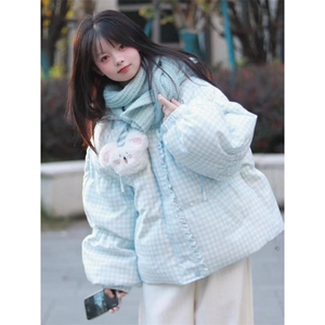 1506-1/M78271/P92女生学院风蓝白色格纹连帽外套棉服图片