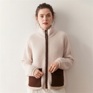 气质非凡~秋冬山羊绒毛巾圈撞色立领针织宽松加厚开衫外穿毛衣女，女装针织衫/毛衣，溪贝羊绒