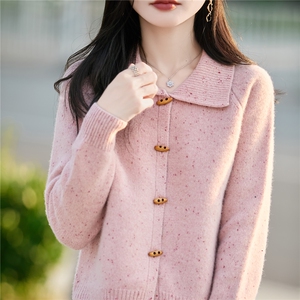 100%纯羊毛开衫女POLO领点子纱针织衫毛衣宽松加厚亮丝外套羊绒衫图片