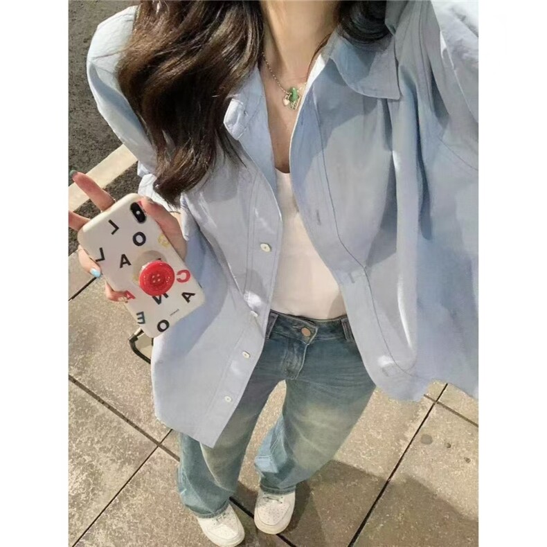 多巴胺纯棉奶黄色翻领衬衫女新款小众设计百搭显宽松长袖衬衣外穿,男装衬衫,星座1210-1
