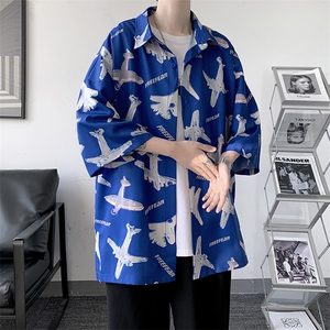 夏季潮流小飞机满印ins衬衫男新款冰丝情侣装 A071-C35-P38图片