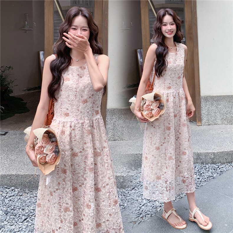 《现货26夏上新》立体花朵超柔软甜美无袖仙女连衣裙可收腰，女装连衣裙，时尚风爆