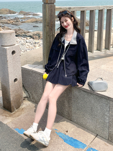 韩系chic穿搭蓝色上衣套装女春秋超火好看高级小众半身短裙两件套图片