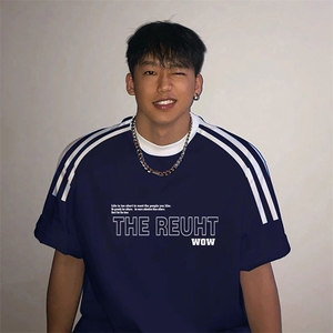 夏季美式高街重磅纯棉三条杠织带撞色男女短袖T恤ZD362-特P30图片